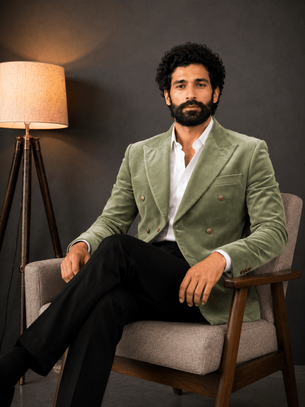 Double Breasted Suit - Sage green Velvet - Jaipuri Crown