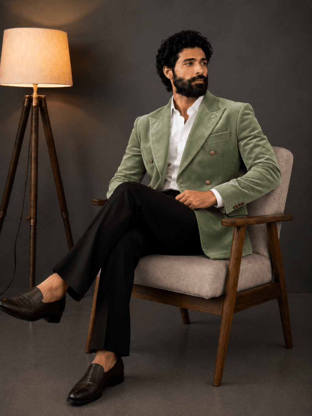 Double Breasted Suit - Sage green Velvet - Jaipuri Crown