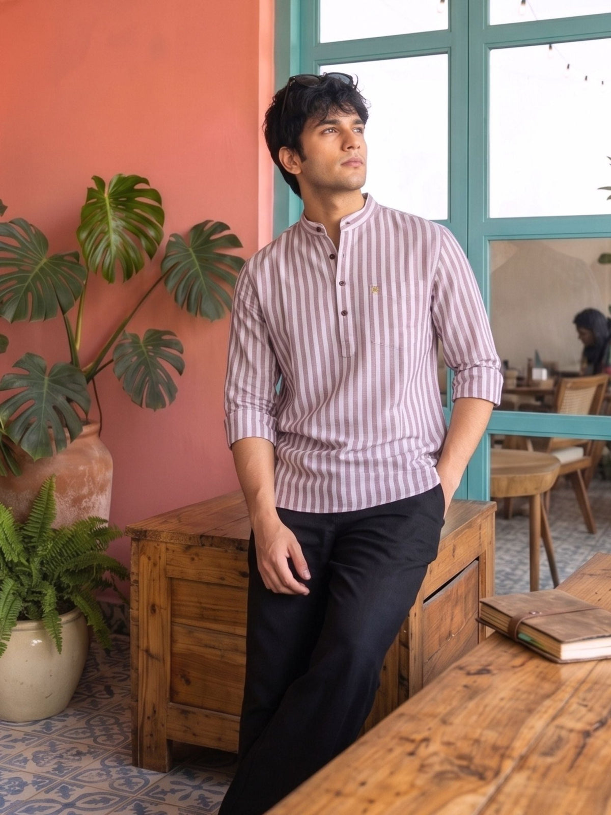 Dusty Rose Vertical Stripe Short Kurta - Jaipuri Crown