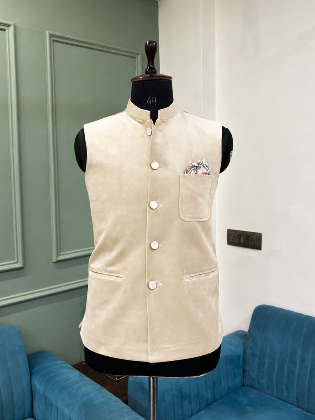 Elegant Velvet Nheru Jacket - Ivory