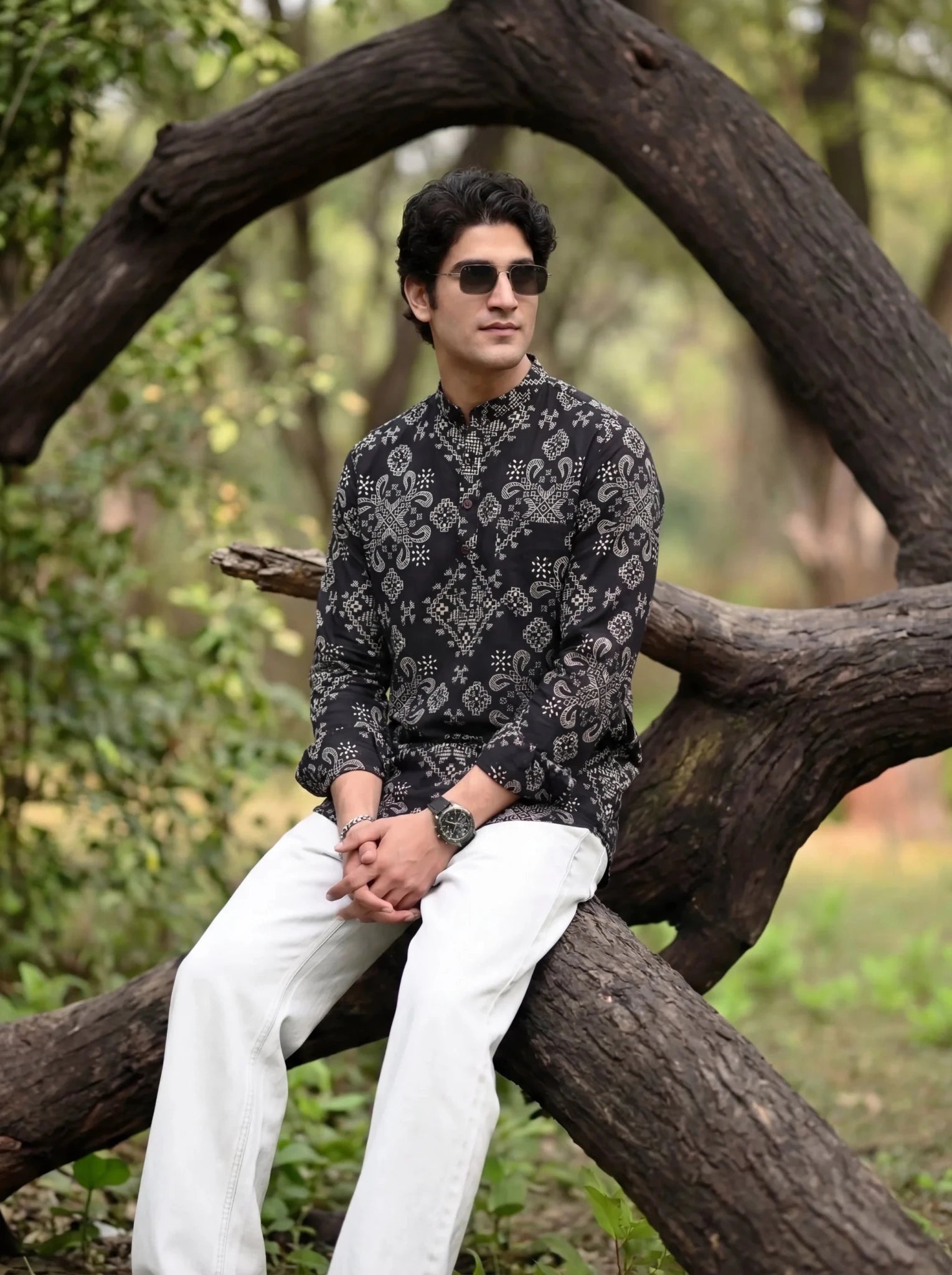 Elegant Geometric – Black & White Printed Cotton Short Kurta - Jaipuri Crown