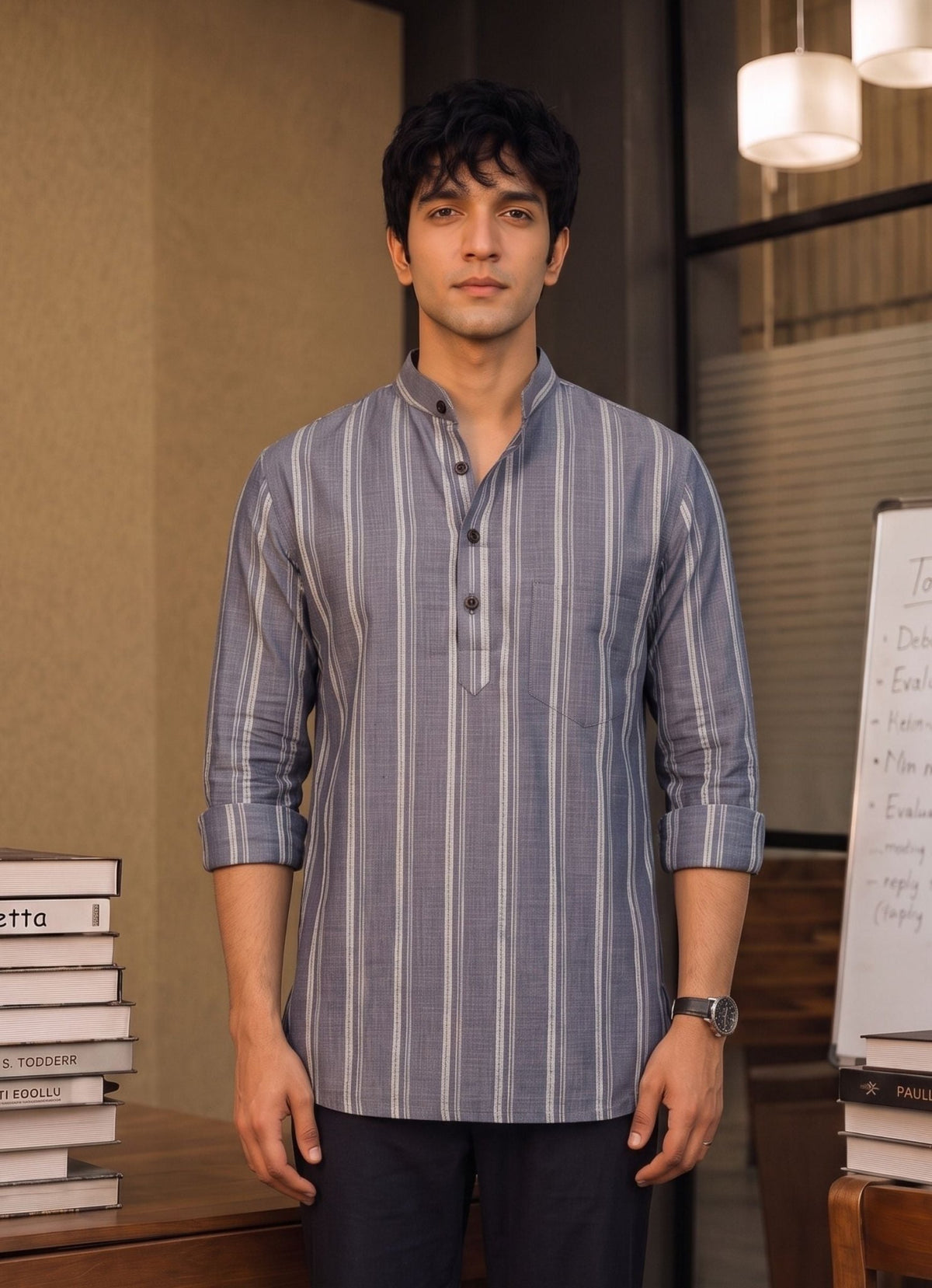 Elegant Linen Stripes – Men's Short Kurta - Jaipuri Crown