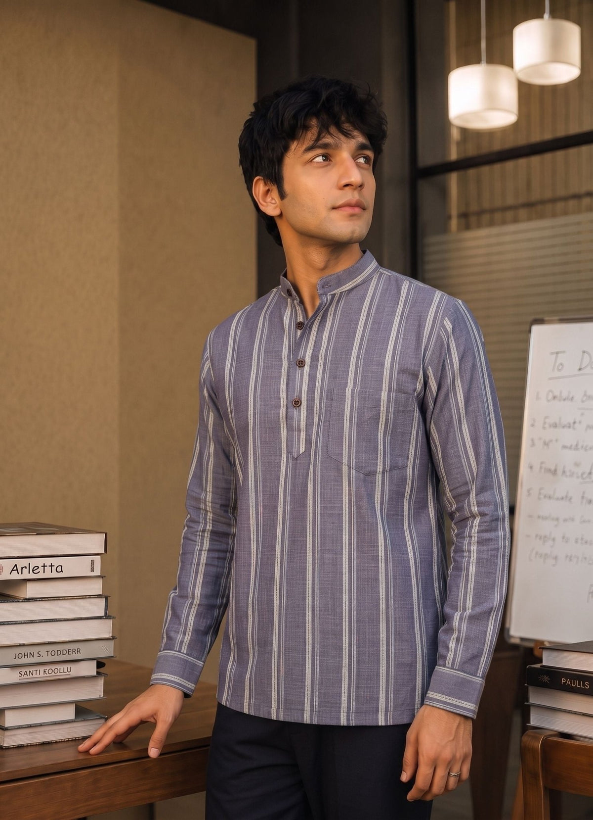 Elegant Linen Stripes – Men's Short Kurta - Jaipuri Crown