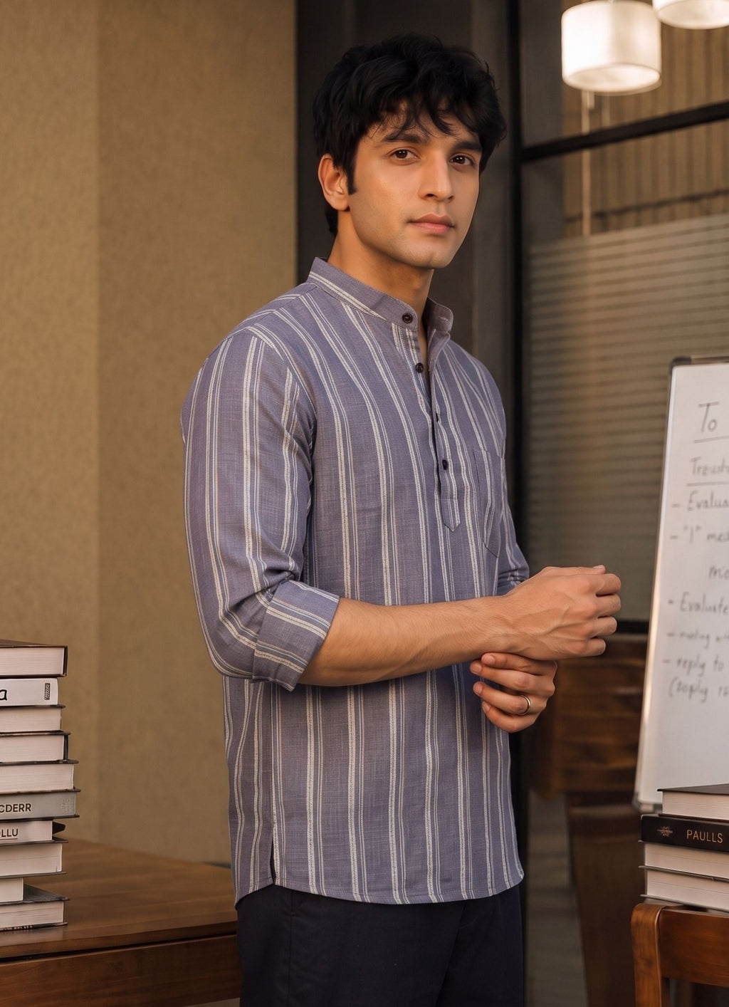 Elegant Linen Stripes – Men's Short Kurta - Jaipuri Crown