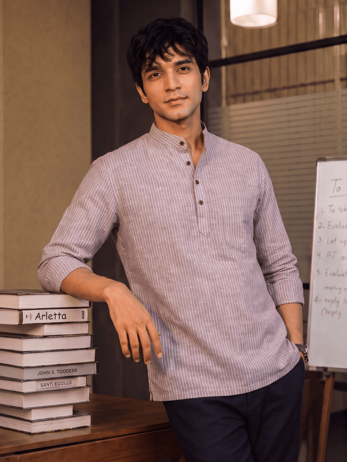 Elegant Stripes – Men's Printed Cotton Short Kurta - Jaipuri Crown