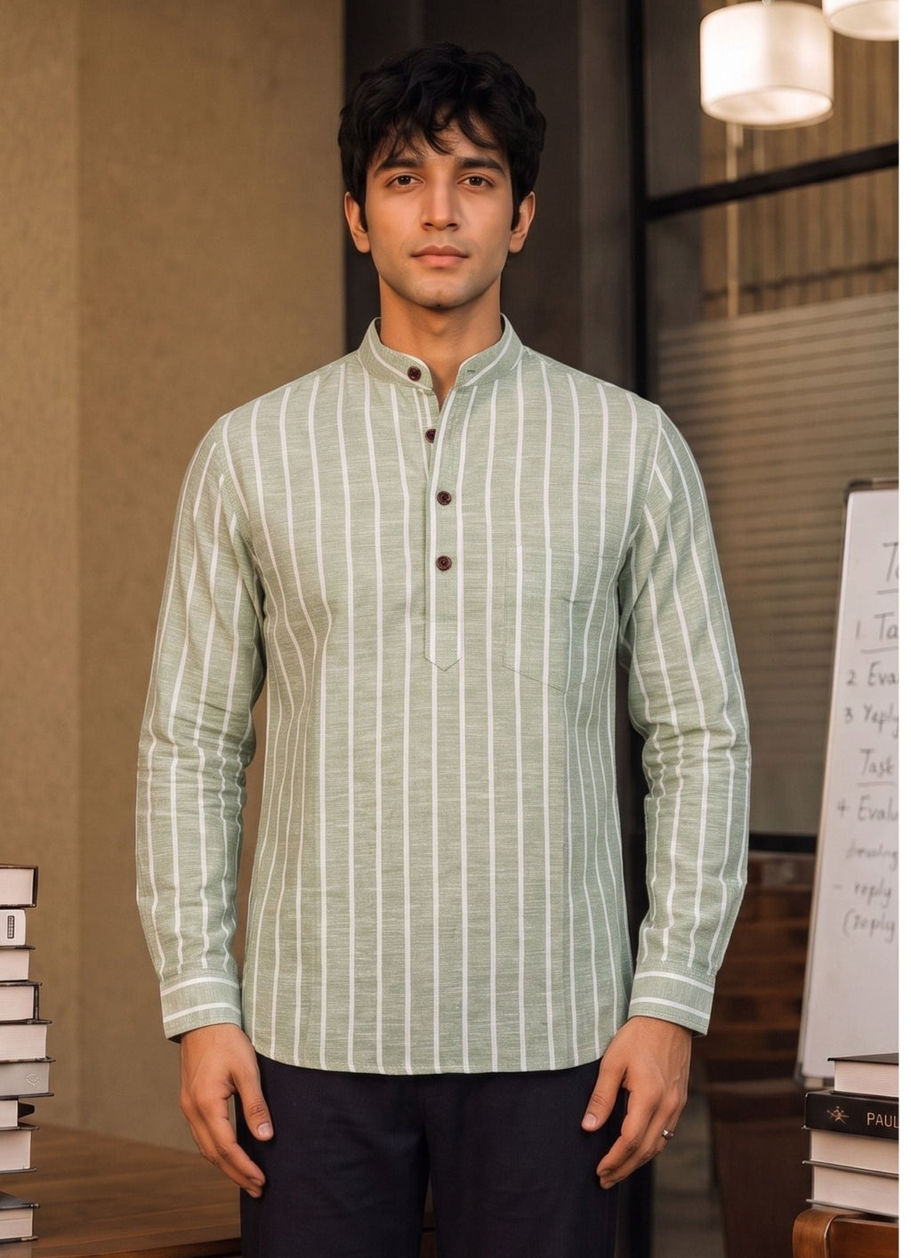 Elegant Stripes – Men's Printed Cotton Short Kurta - Jaipuri Crown