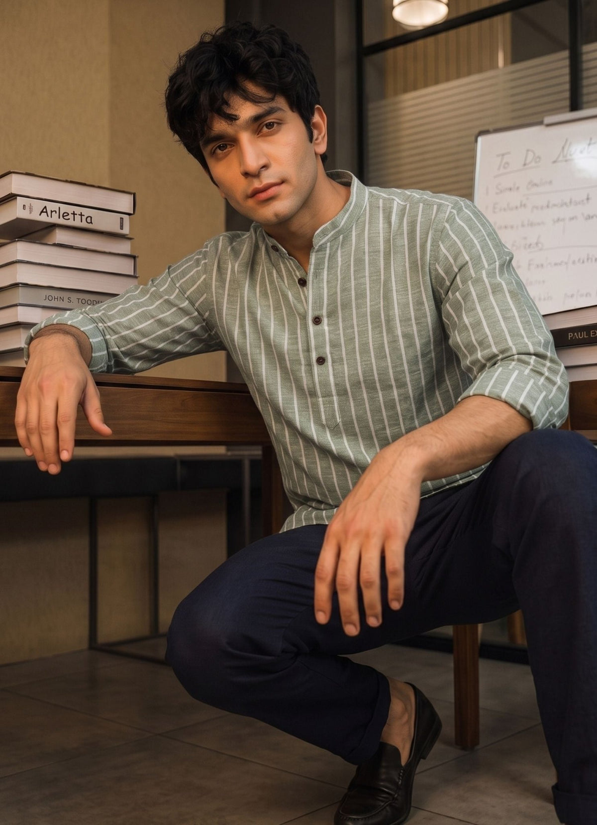 Elegant Stripes – Men's Printed Cotton Short Kurta - Jaipuri Crown