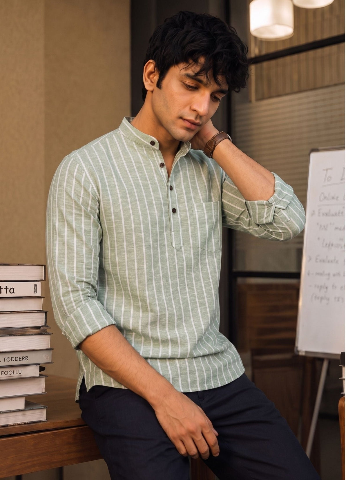 Elegant Stripes – Men's Printed Cotton Short Kurta - Jaipuri Crown