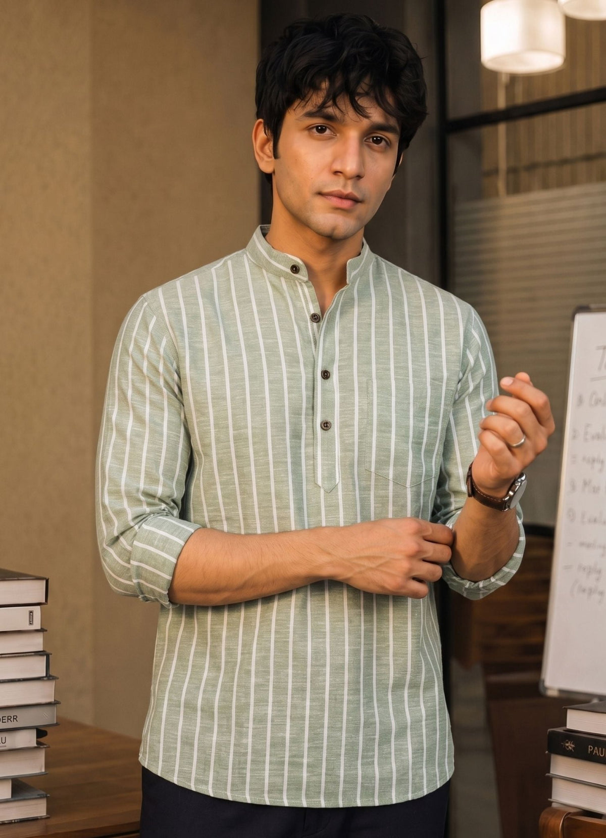 Elegant Stripes – Men's Printed Cotton Short Kurta - Jaipuri Crown