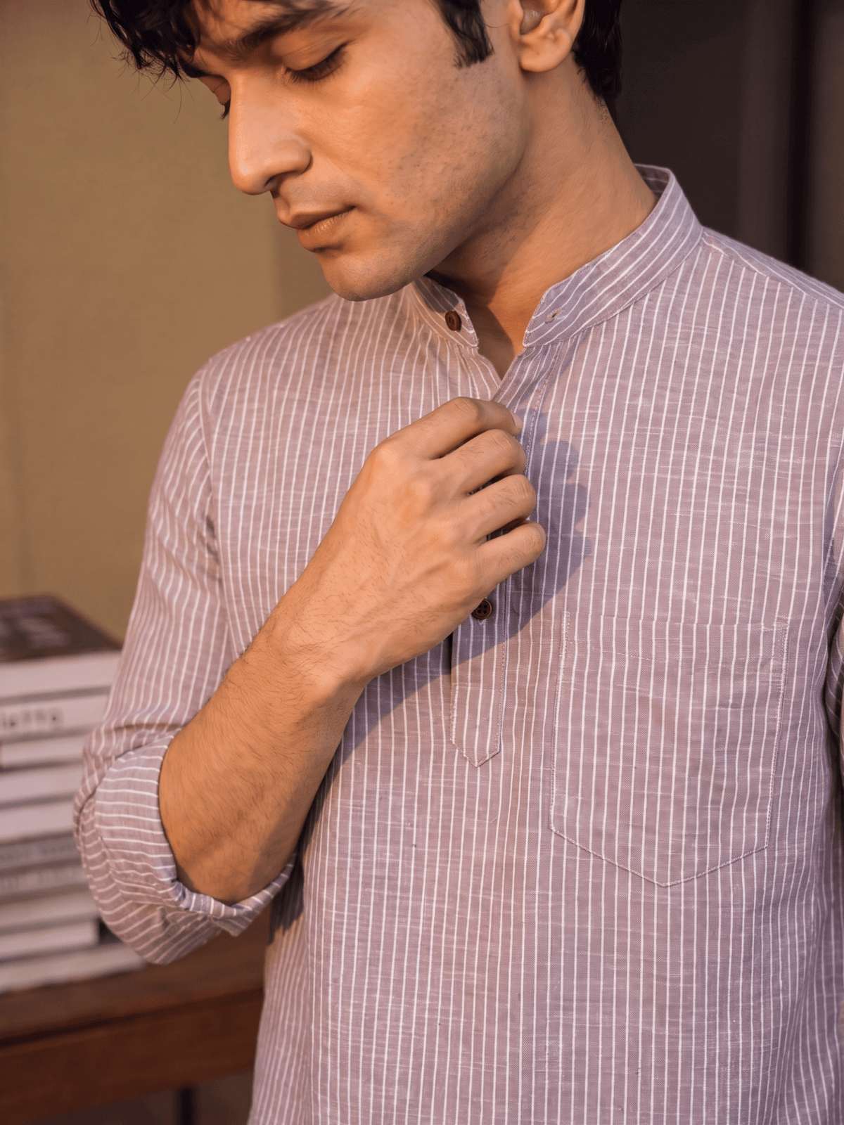 Elegant Stripes – Men's Printed Cotton Short Kurta - Jaipuri Crown