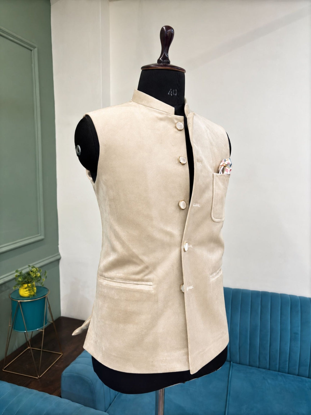 Elegant Velvet Nheru Jacket - Ivory - Jaipuri Crown