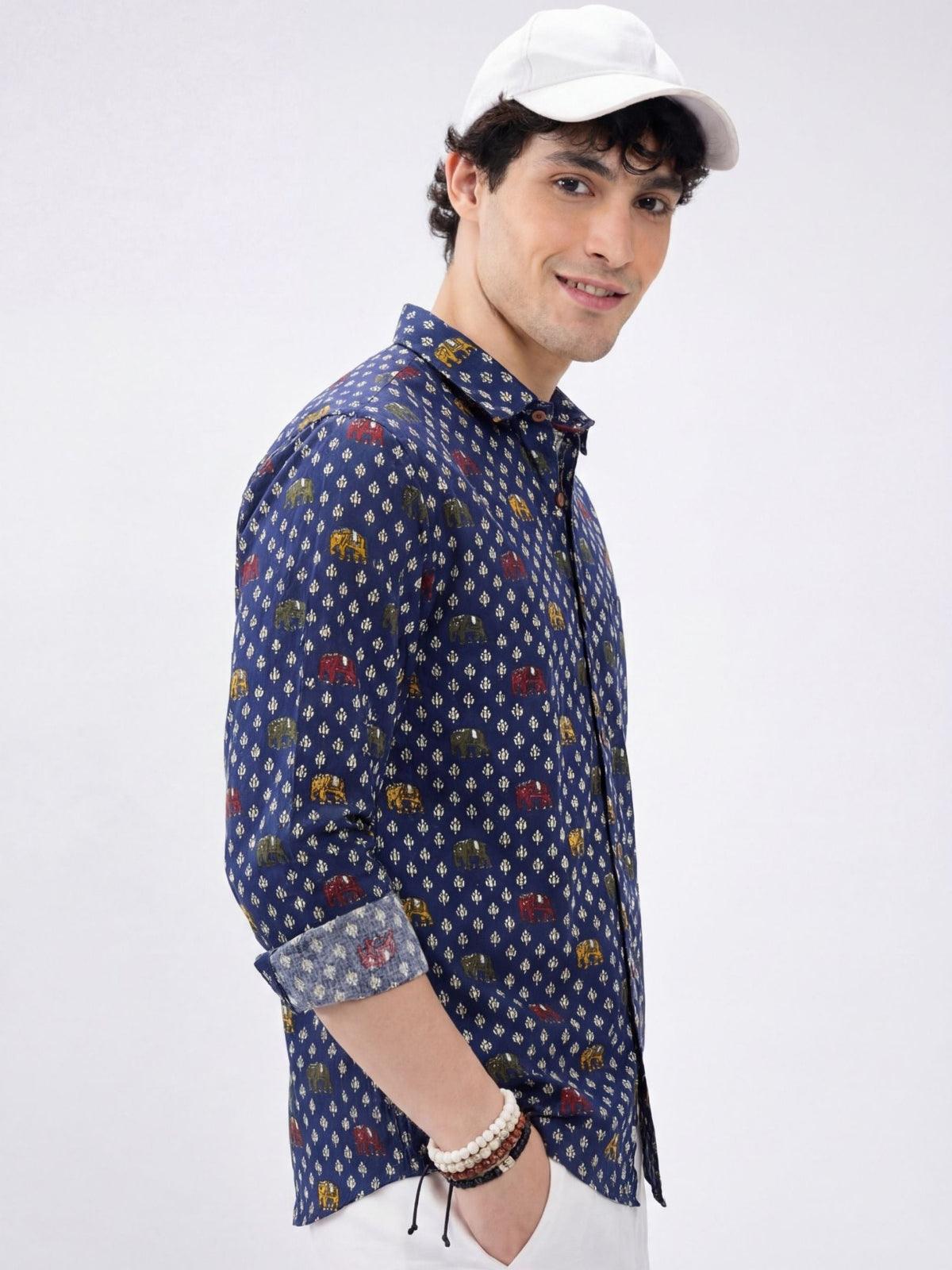 Elephant Charm – Printed Cotton Full Sleeve in Navy & Gold - Jaipuri Crown