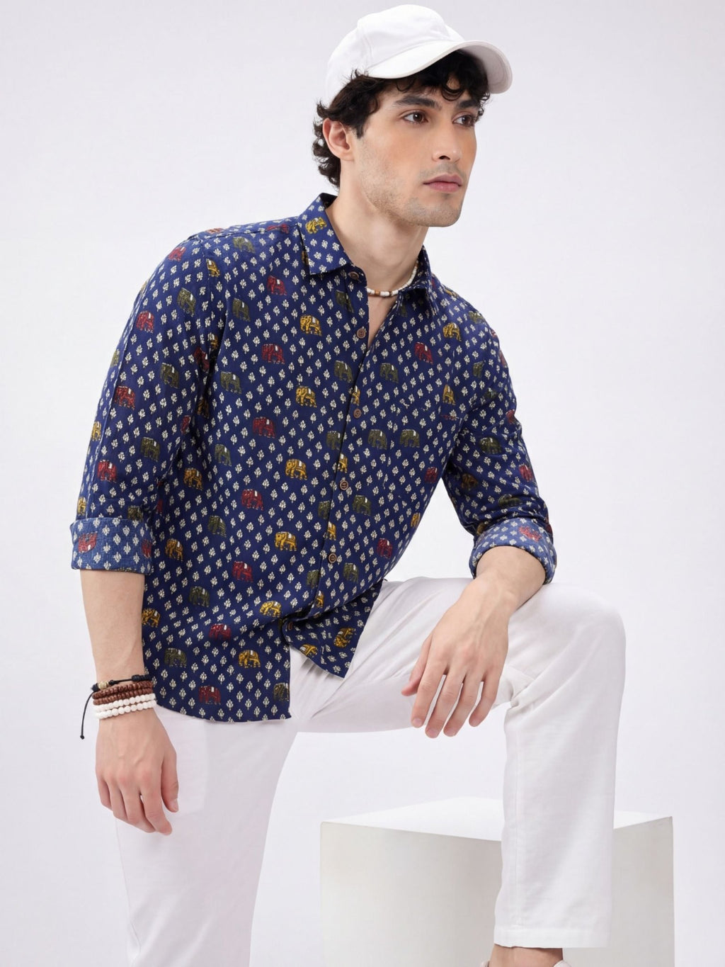 Elephant Charm – Printed Cotton Full Sleeve in Navy & Gold - Jaipuri Crown