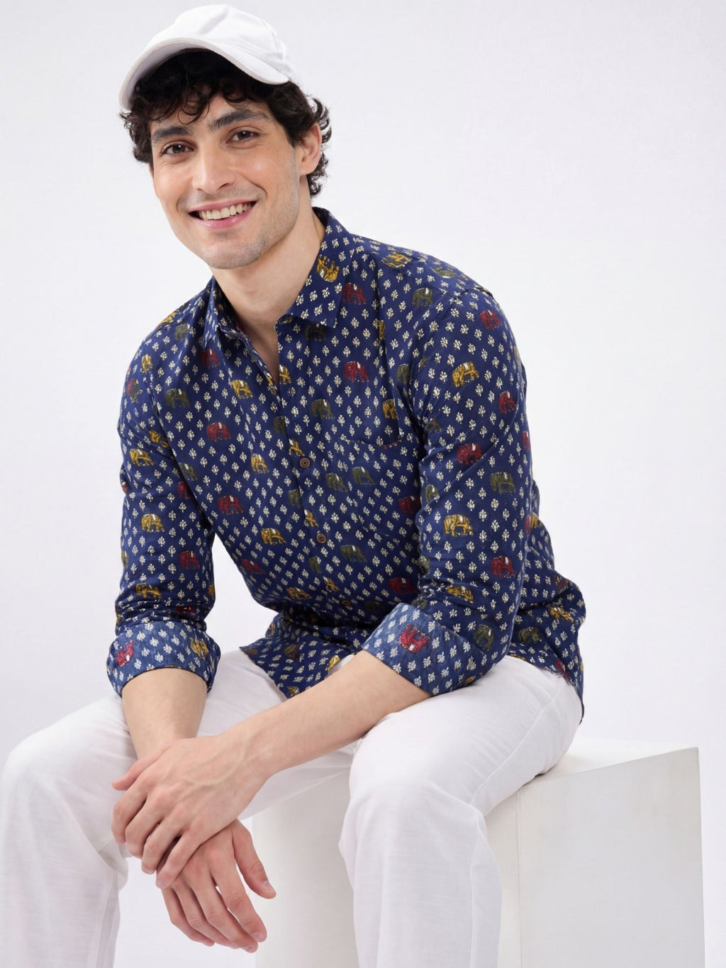 Elephant Charm – Printed Cotton Full Sleeve in Navy & Gold - Jaipuri Crown
