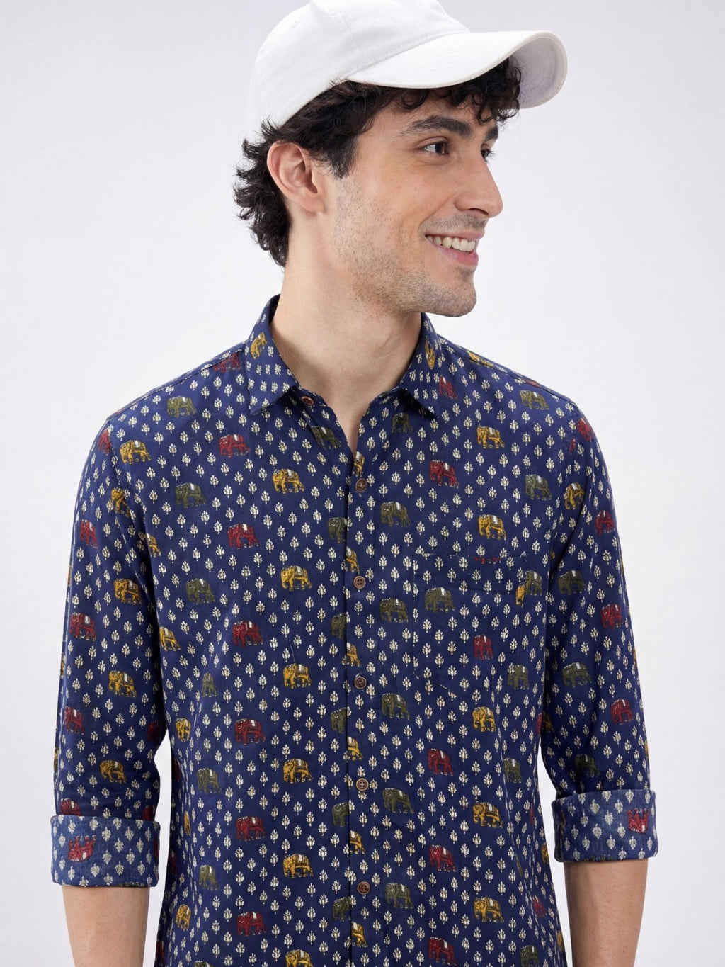 Elephant Charm – Printed Cotton Full Sleeve in Navy & Gold - Jaipuri Crown