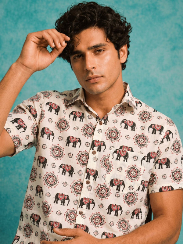Elephant Charm – Printed Cotton Half Sleeve Shirt - Jaipuri Crown