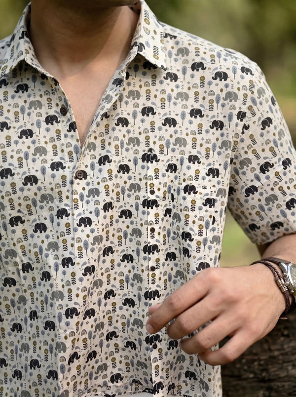 Elephant Dance – Printed Cotton Half Sleeve Shirt - Jaipuri Crown