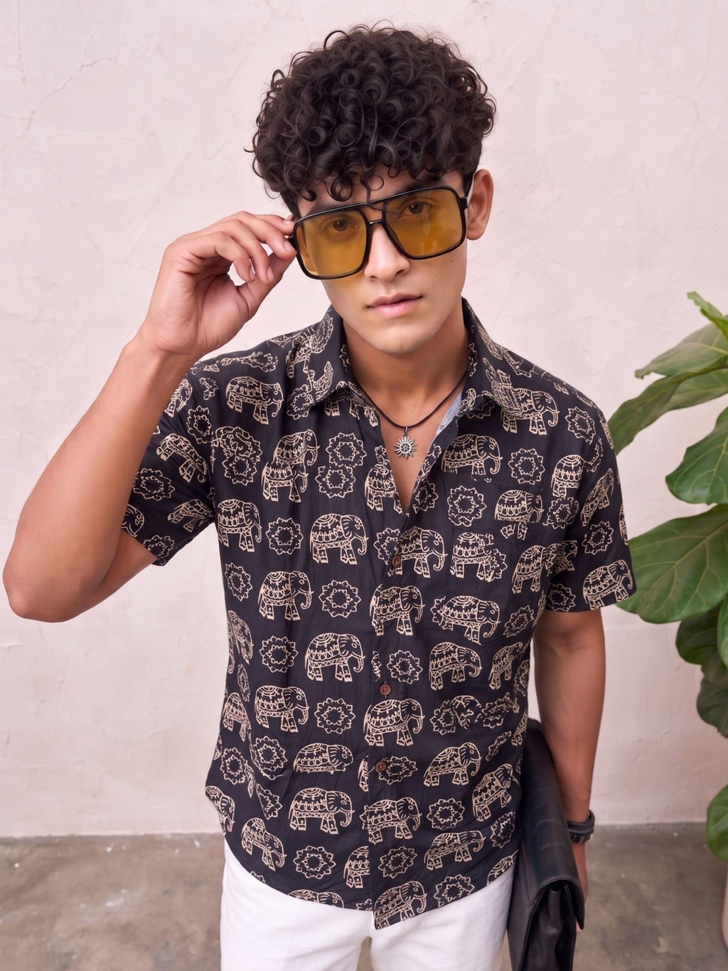 Elephant Elegance – Printed Cotton Half Sleeve Shirt - Jaipuri Crown