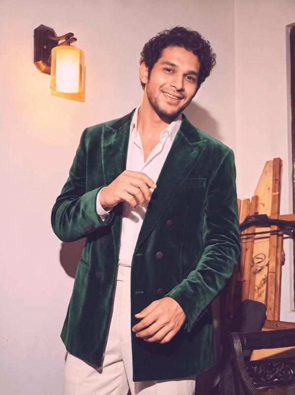 Emerald Green Velvet Double Breasted Blazer for Men - Jaipuri Crown