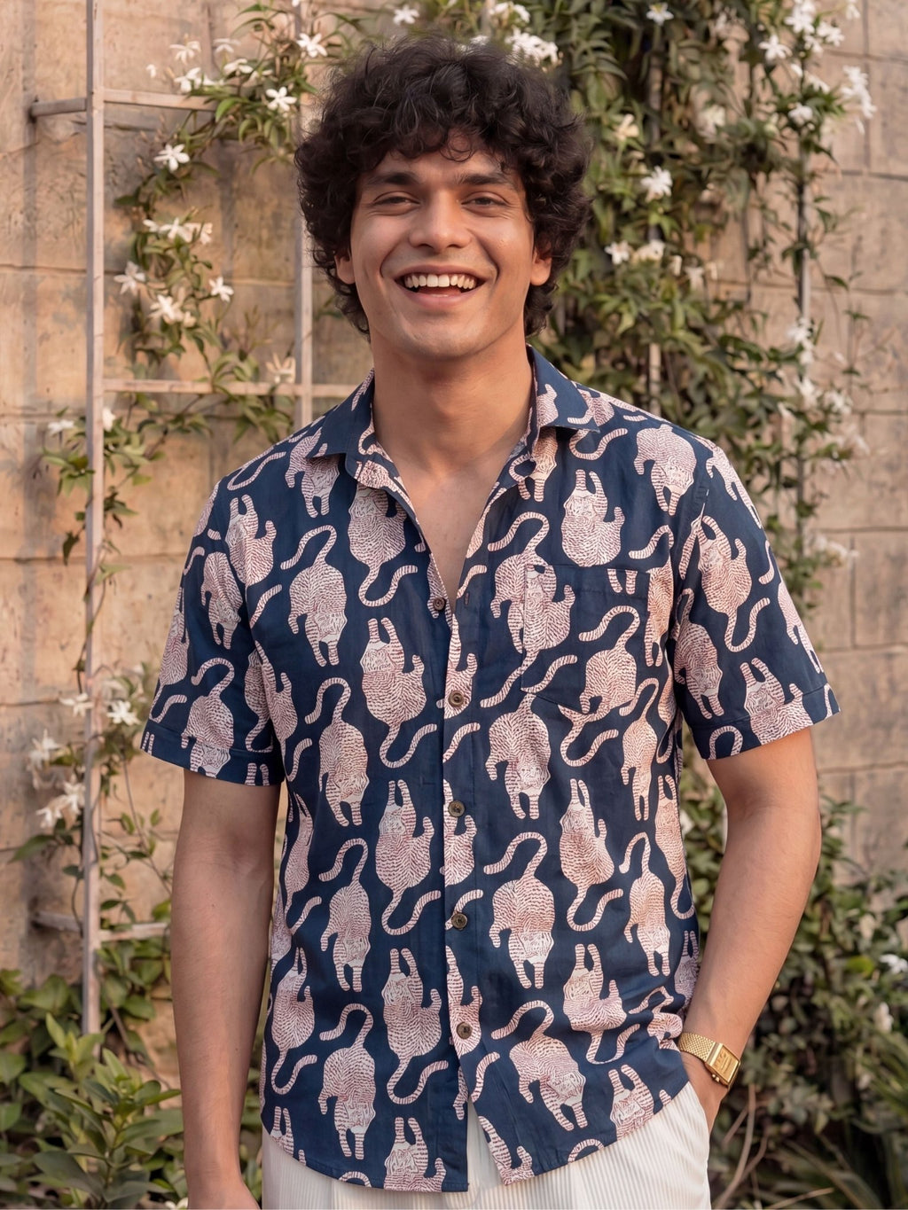 Feline Dance – Printed Cotton Half Sleeve Shirt - Jaipuri Crown