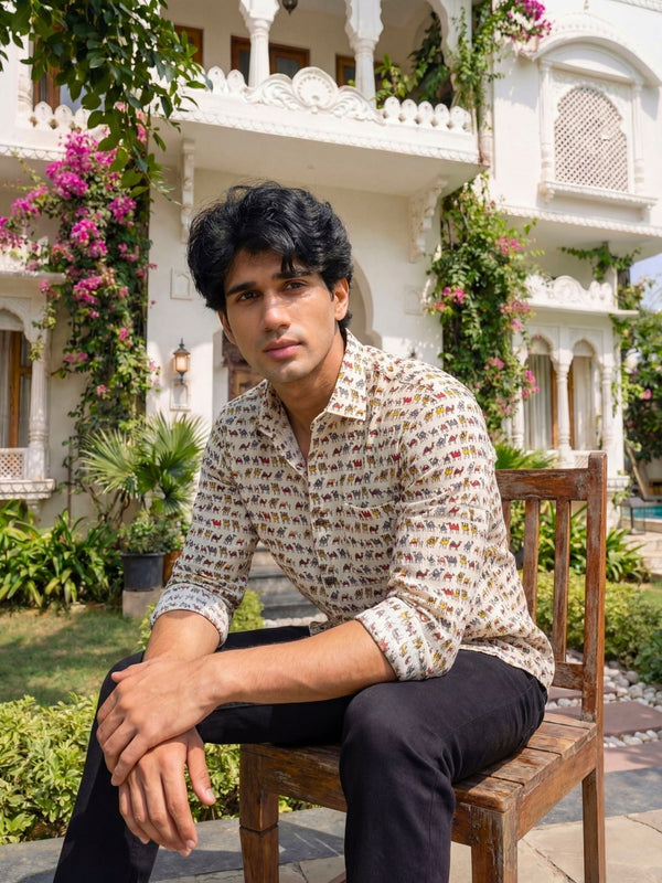 Festive Fun – Printed Cotton Full Sleeve in Cream & Red - Jaipuri Crown
