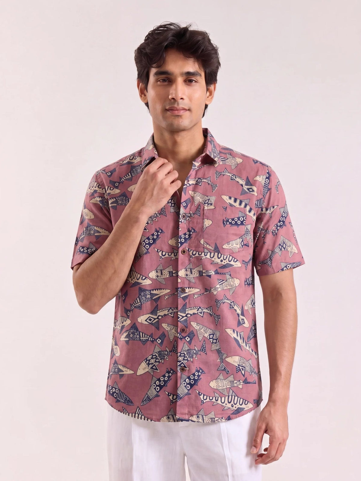 Fish Dance – Printed Cotton Half Sleeve Shirt - Jaipuri Crown