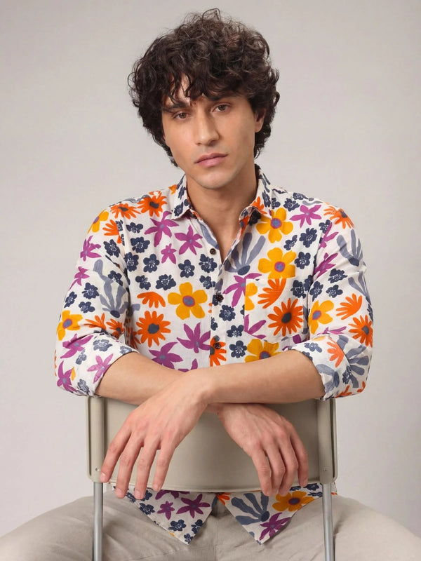 Floral Breeze – Printed Cotton Full Sleeve in Blue & Orange - Jaipuri Crown