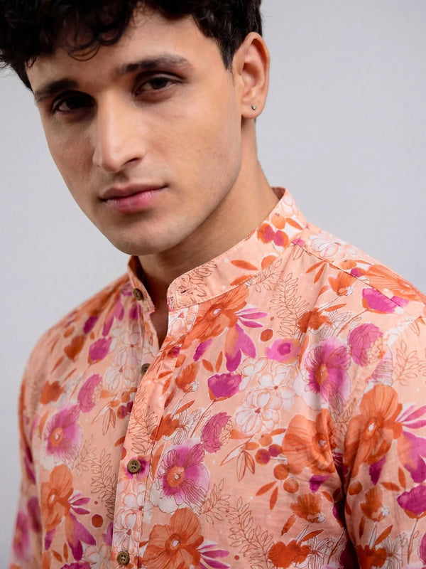 Floral Burst – Printed Cotton Short Kurta in Peach & Purple - Jaipuri Crown
