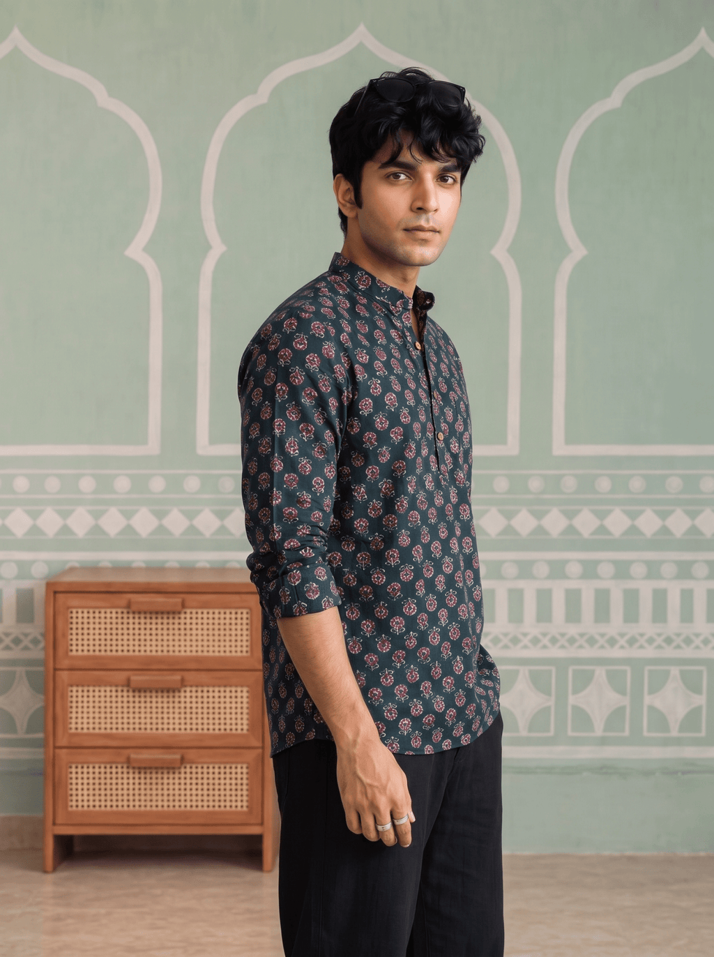 Floral Elegance – Men's Printed Cotton Short Kurta - Jaipuri Crown