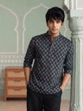 Floral Elegance – Men's Printed Cotton Short Kurta - Jaipuri Crown