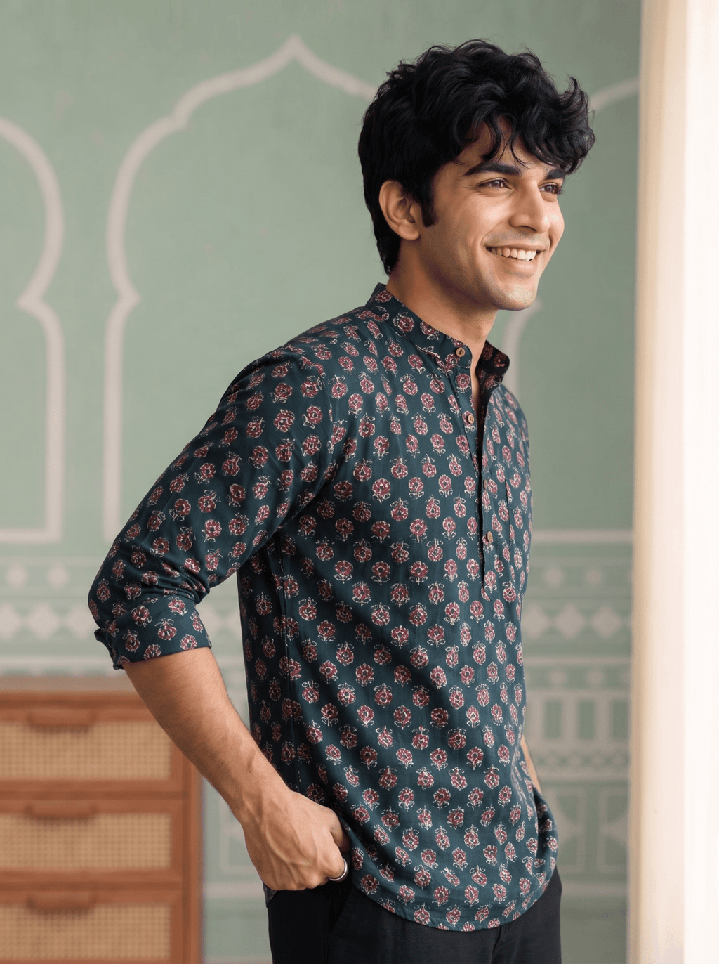 Floral Elegance – Men's Printed Cotton Short Kurta - Jaipuri Crown