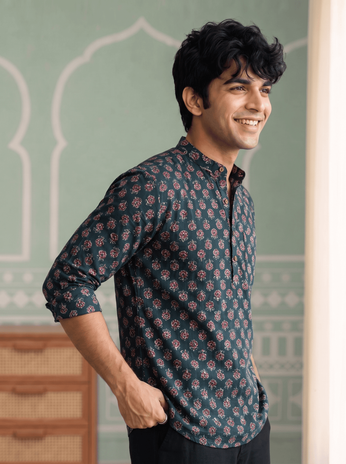 Floral Elegance – Men's Printed Cotton Short Kurta - Jaipuri Crown