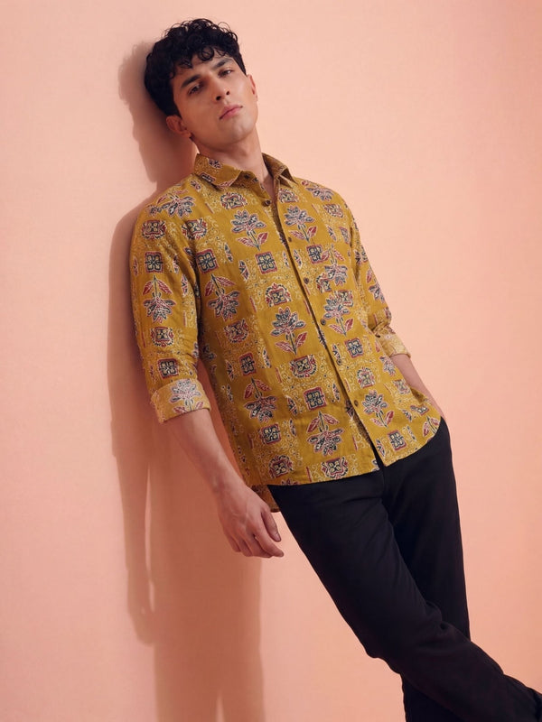 Floral Elegance – Printed Cotton Full Sleeve in Mustard - Jaipuri Crown