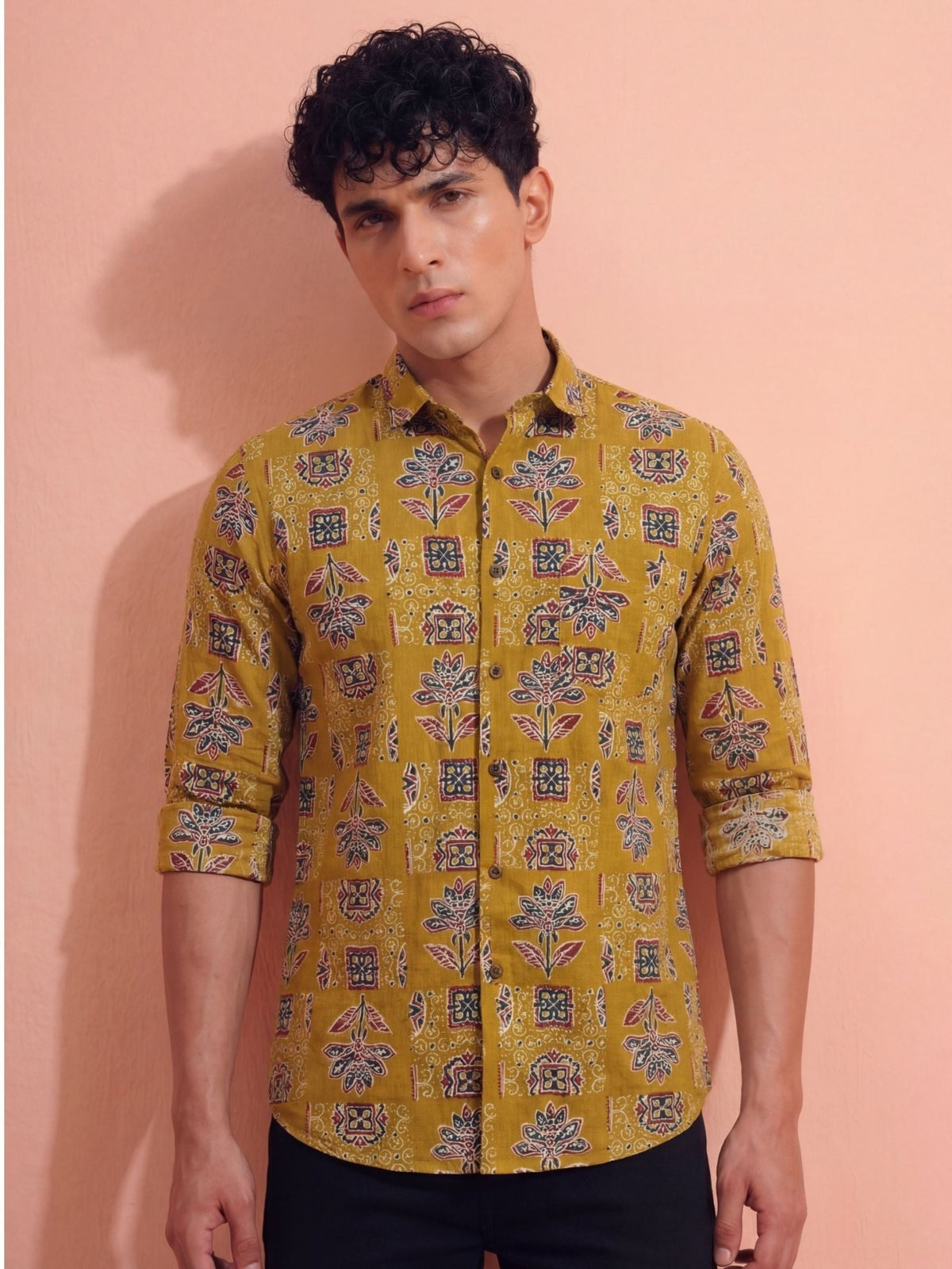 Floral Elegance – Printed Cotton Full Sleeve in Mustard - Jaipuri Crown