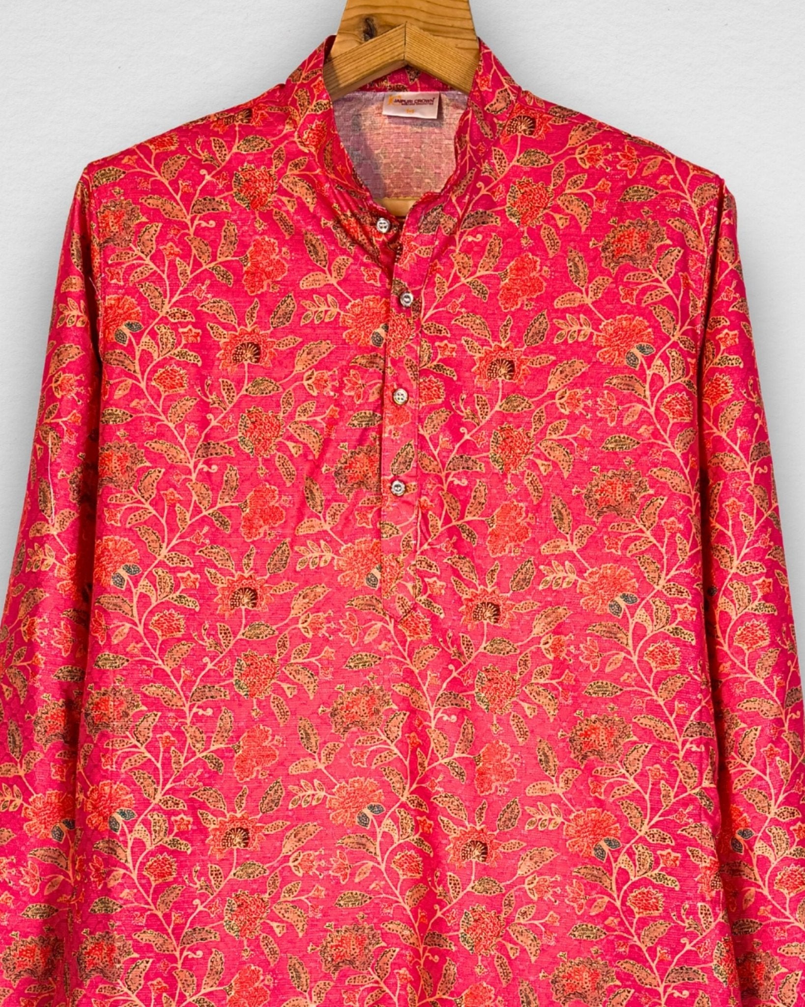 Floral Print Men's Long Kurta with Zari Work - Jaipuri Crown