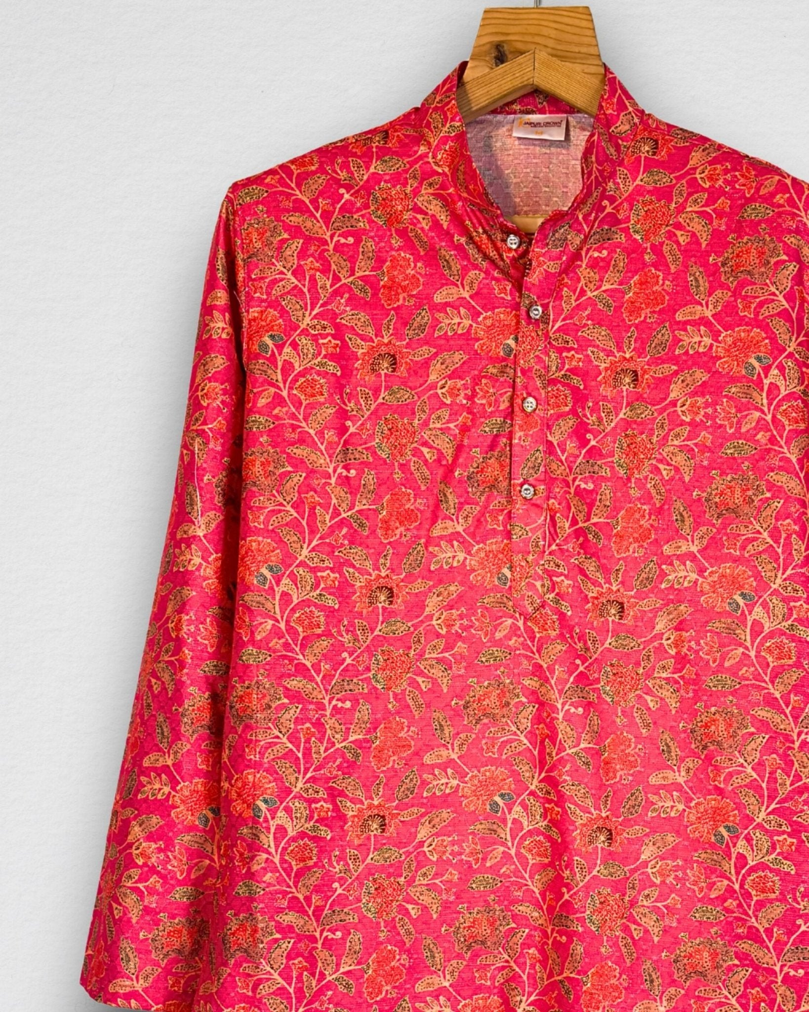 Floral Print Men's Long Kurta with Zari Work - Jaipuri Crown