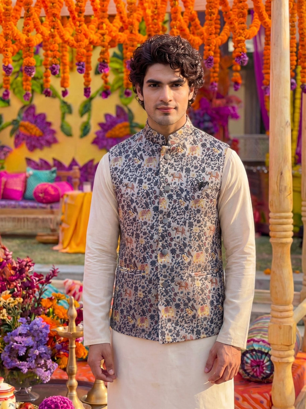 "गज" (Gaja) Royal Elephant Motif Modi Jacket - Jaipuri Crown