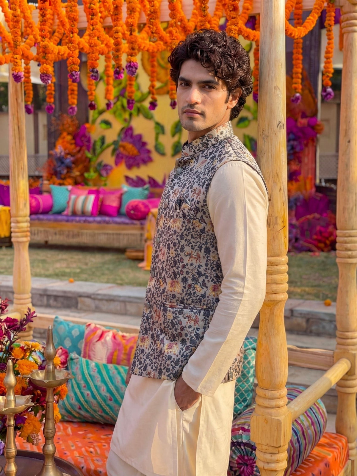 "गज" (Gaja) Royal Elephant Motif Modi Jacket - Jaipuri Crown