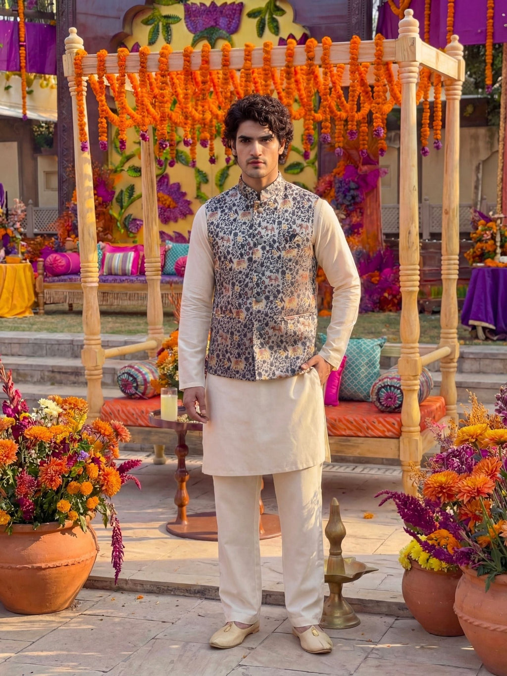 "गज" (Gaja) Royal Elephant Motif Modi Jacket - Jaipuri Crown