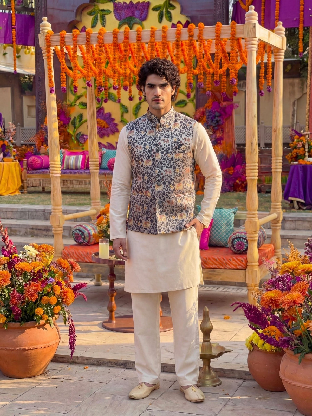 "गज" (Gaja) Royal Elephant Motif Modi Jacket - Jaipuri Crown