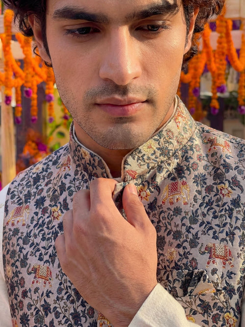 "गज" (Gaja) Royal Elephant Motif Modi Jacket - Jaipuri Crown