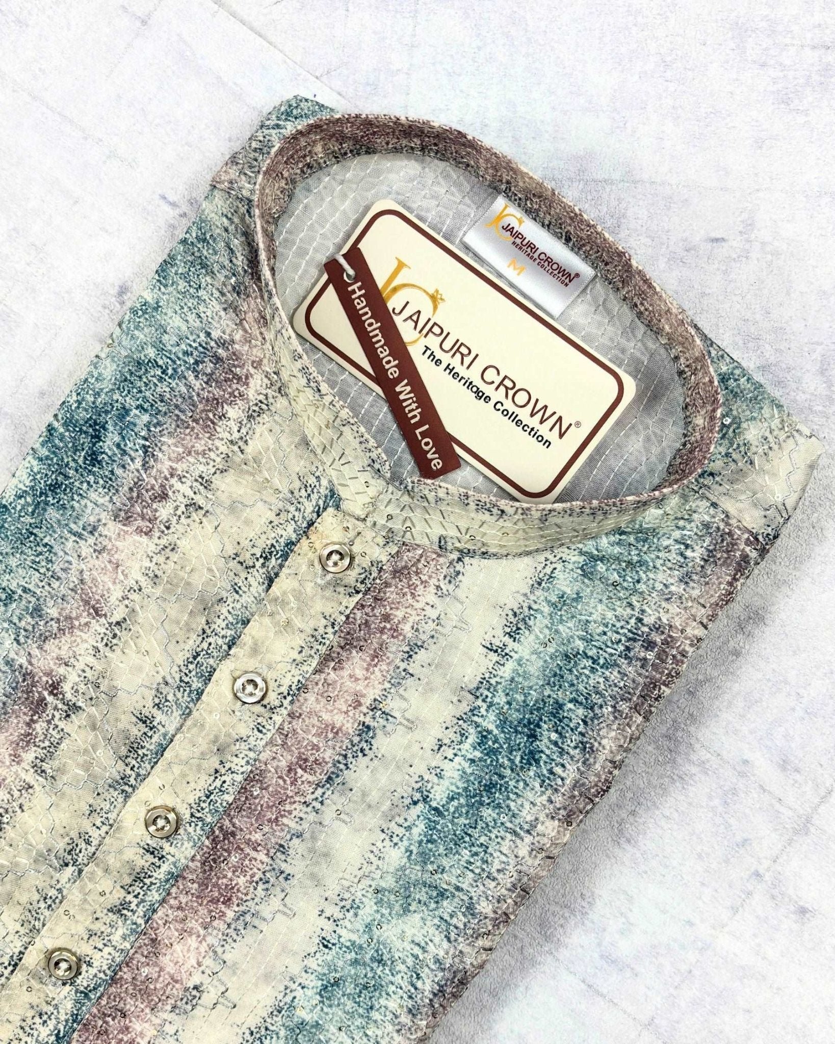 Gilded Silver Printed Kurta - Jaipuri Crown