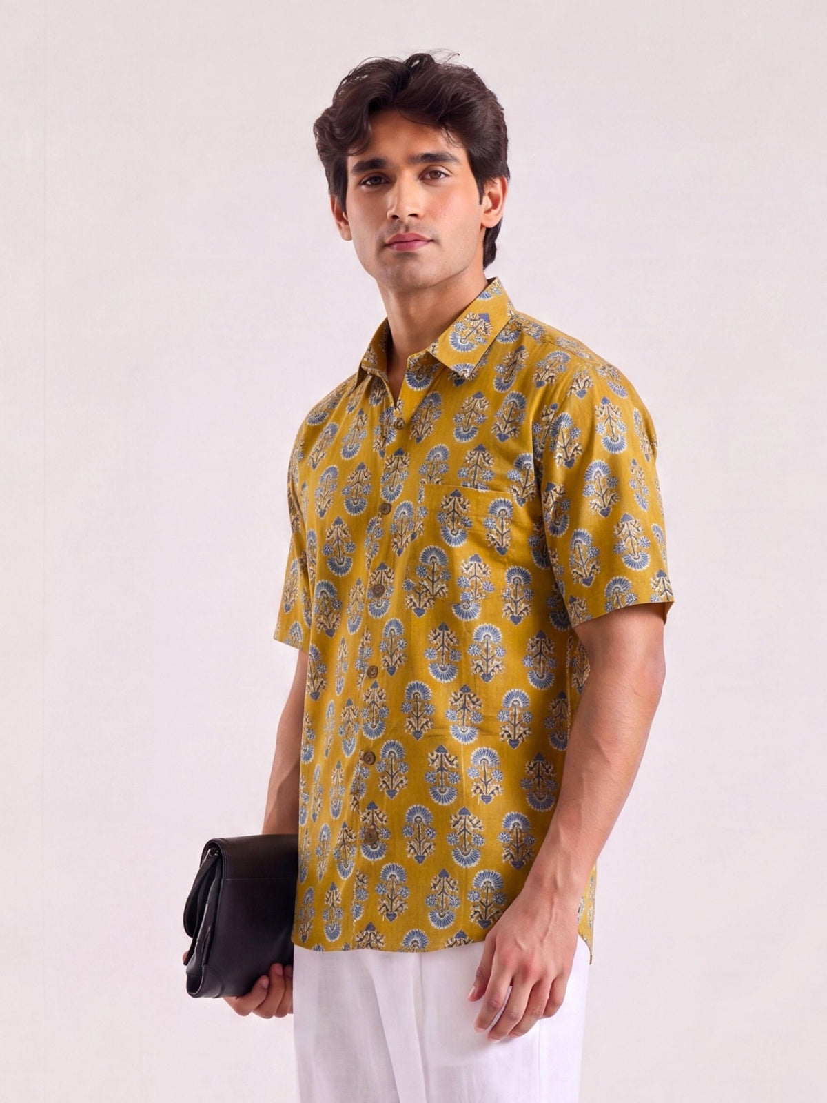 Golden Blooms – Half Sleeve Cotton Shirt - Jaipuri Crown