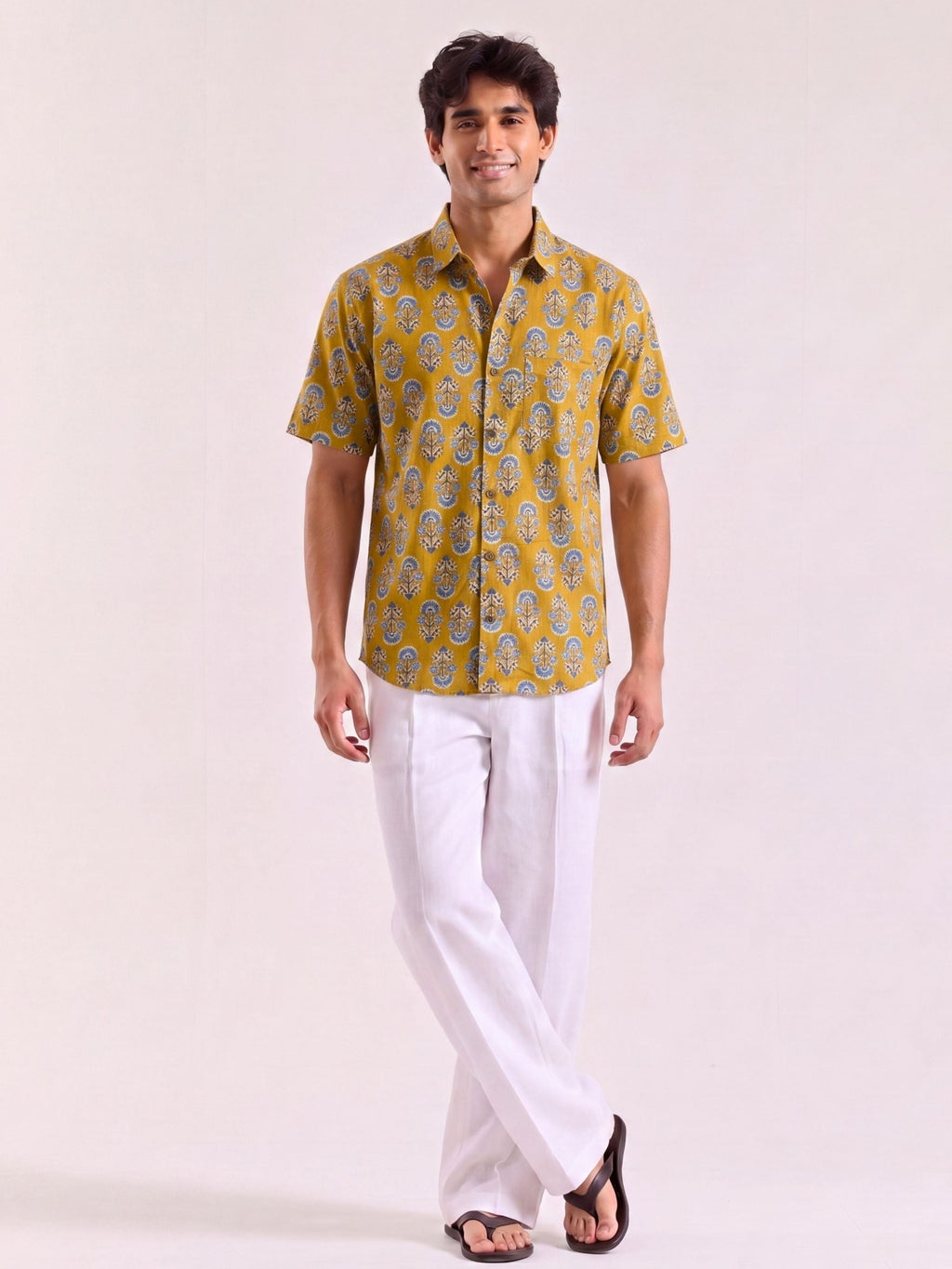 Golden Blooms – Half Sleeve Cotton Shirt - Jaipuri Crown