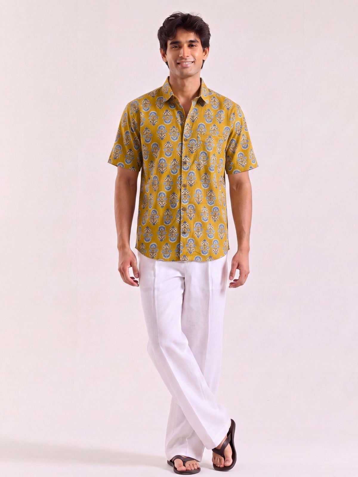 Golden Blooms – Half Sleeve Cotton Shirt - Jaipuri Crown
