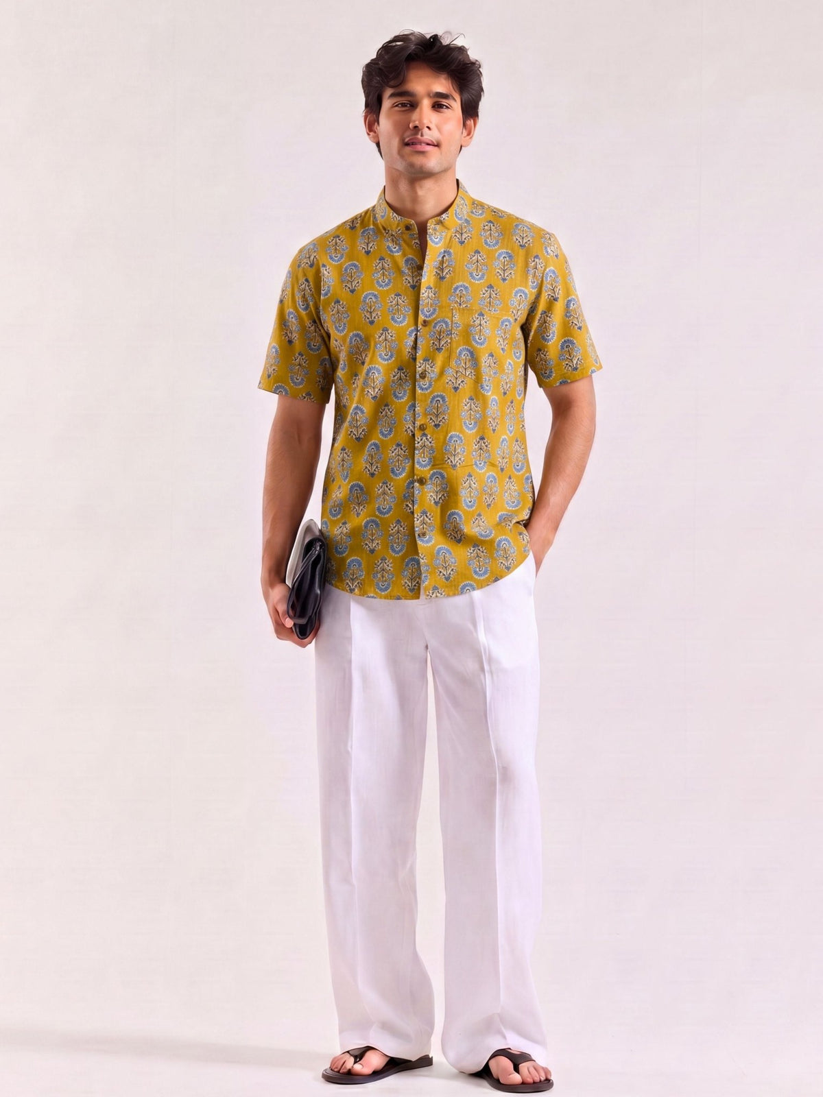 Golden Blooms – Half Sleeve Cotton Shirt - Jaipuri Crown