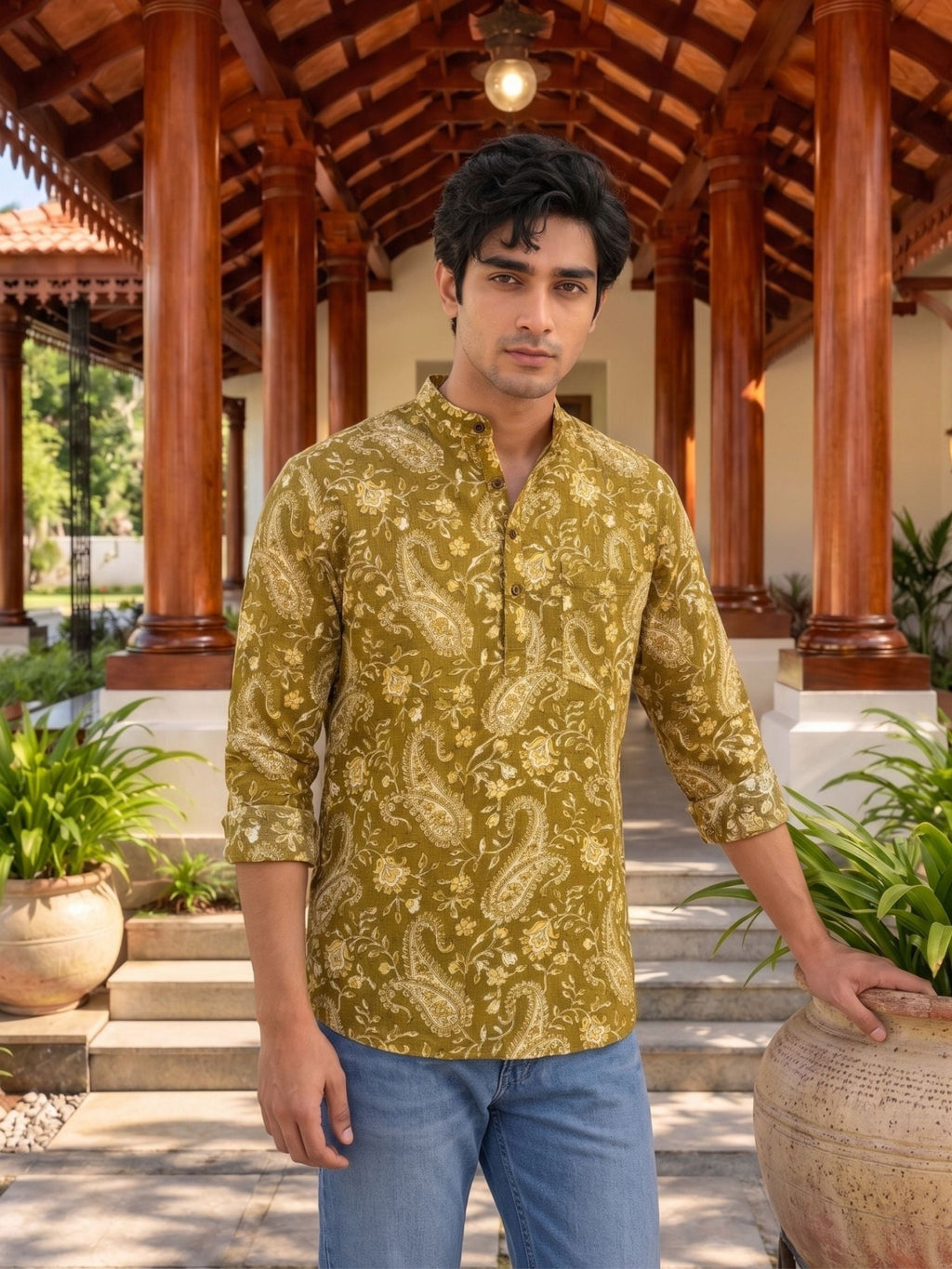 Golden Grace – Printed Cotton Short Kurta - Jaipuri Crown
