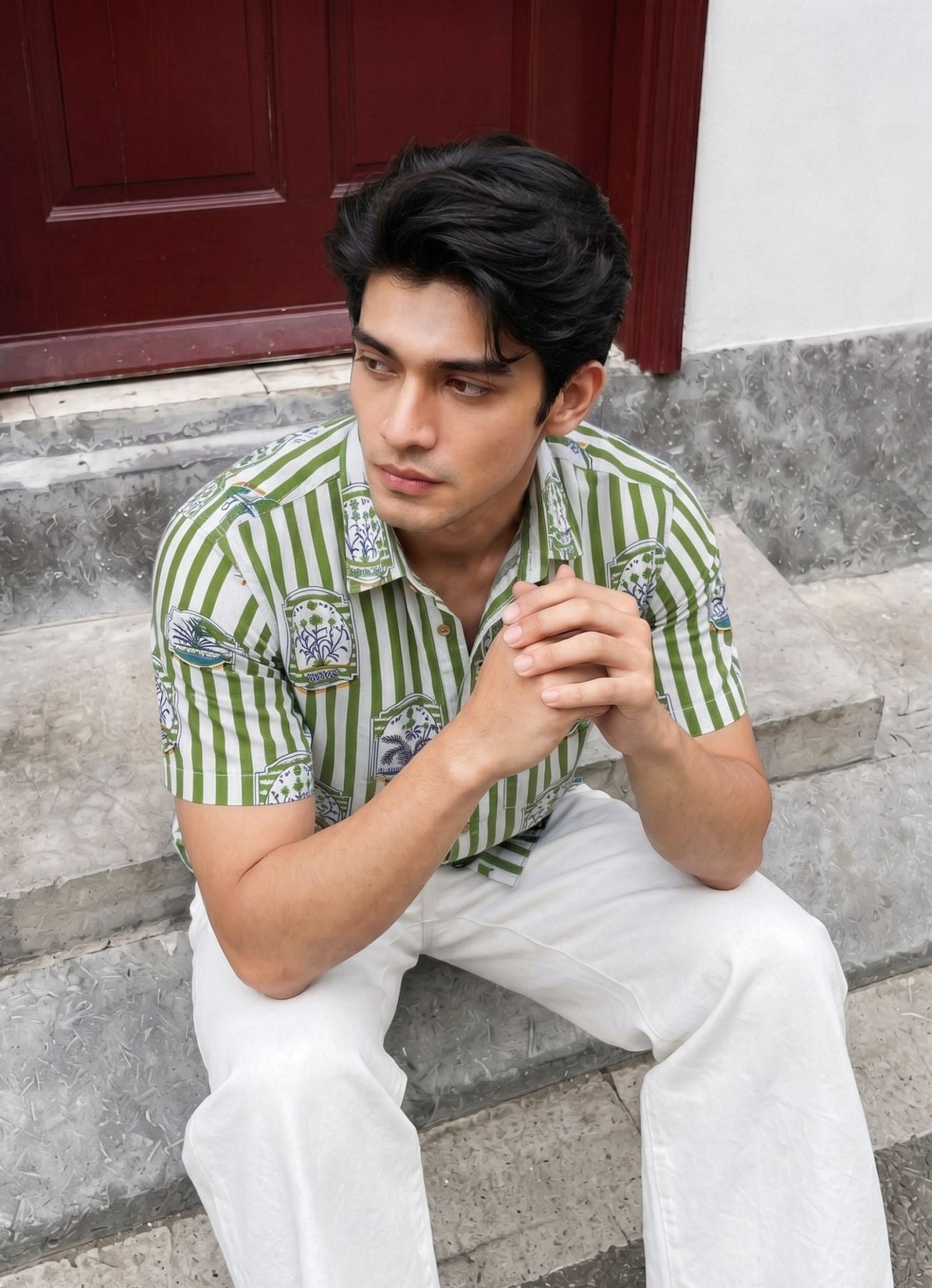Green Elegance – Printed Cotton Half Sleeve Shirt - Jaipuri Crown