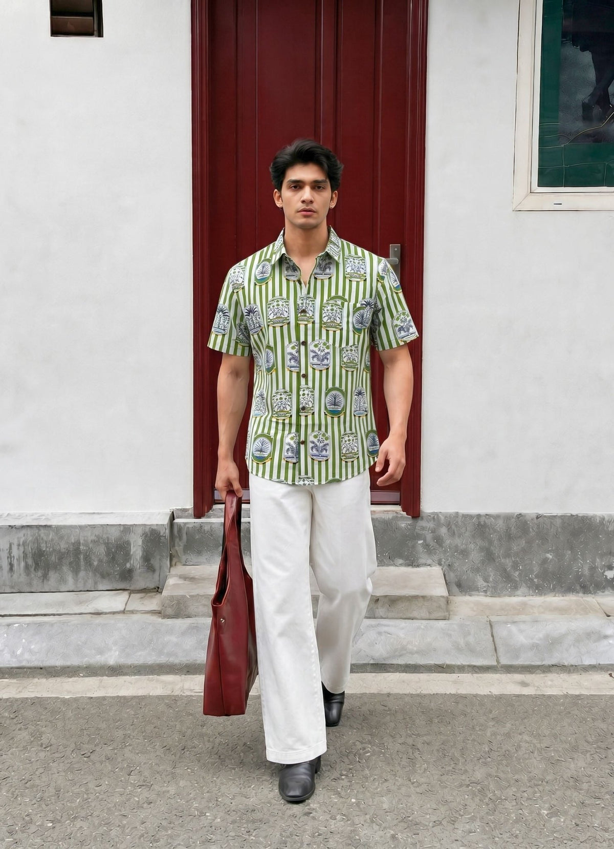 Green Elegance – Printed Cotton Half Sleeve Shirt - Jaipuri Crown