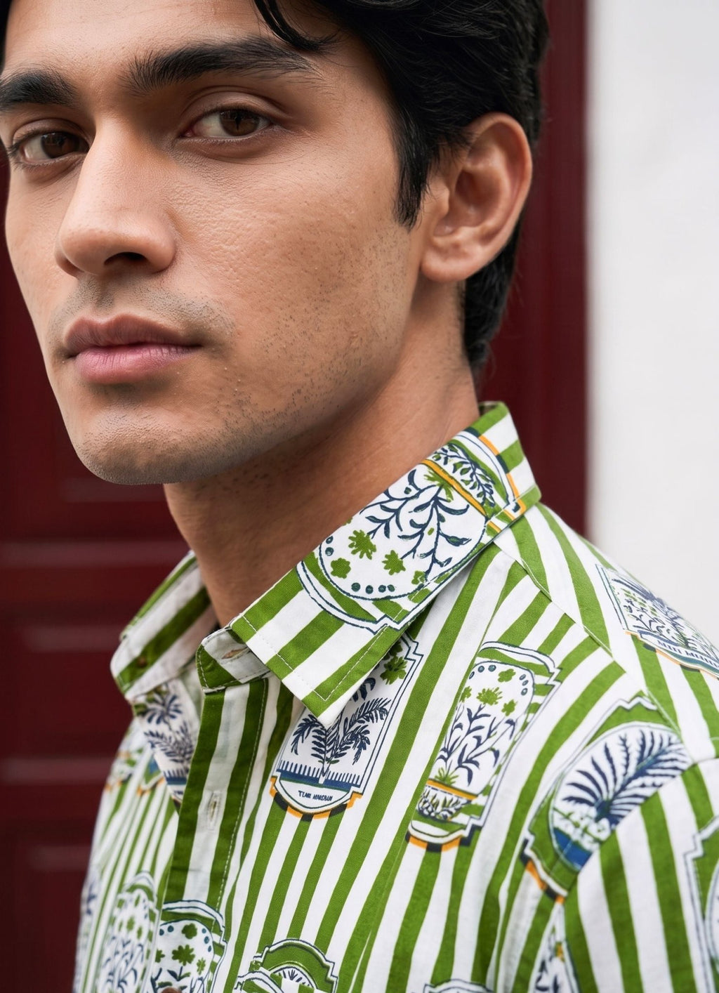 Green Elegance – Printed Cotton Half Sleeve Shirt - Jaipuri Crown